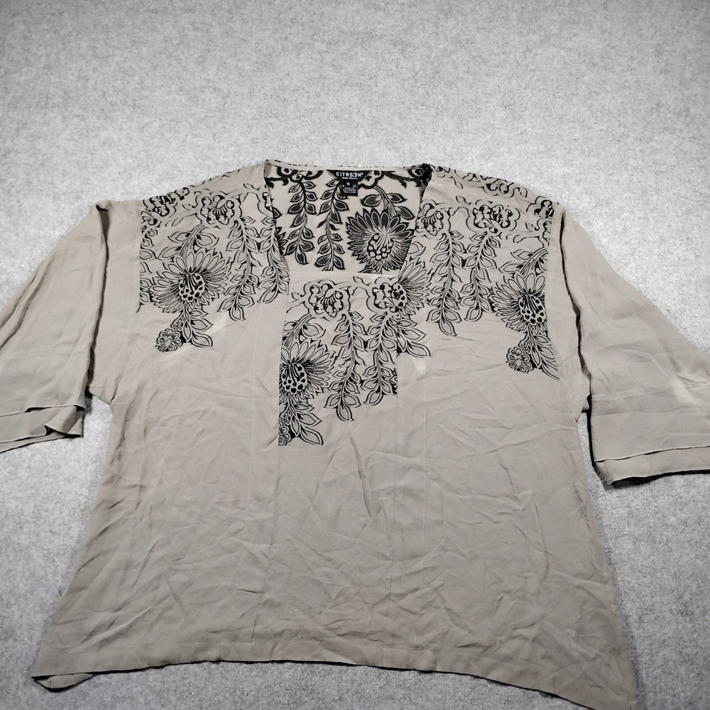 Citron Santa Monica Women's Taupe Silk Blend Floral Engineered Print Blouse 1X